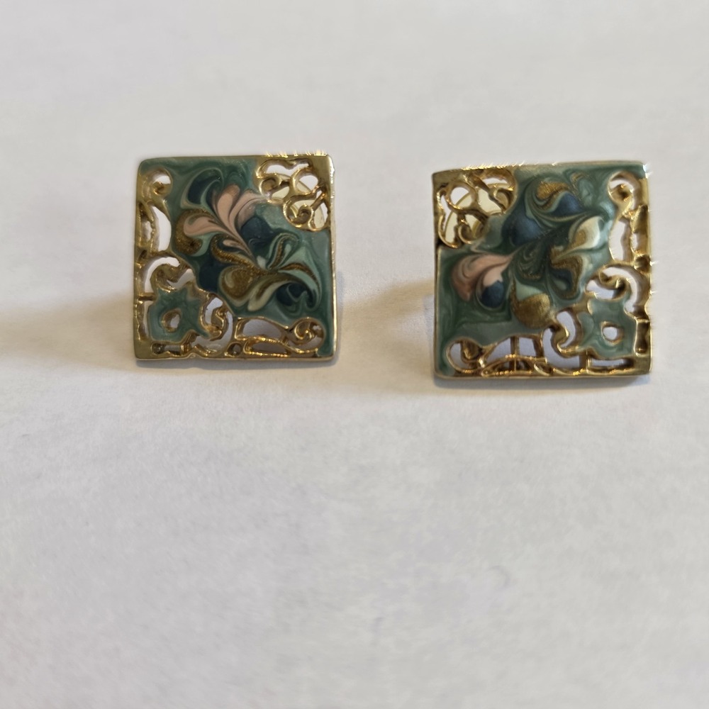 Vintage 1980's Gold Tone Green Swirl Enamel Pierced Earrings Retro